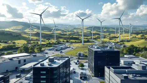 Cinematic ai data centre london welsh hills wind turbines sky