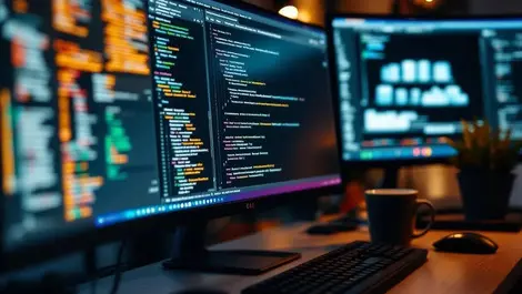 Realistic sql editor on monitor in dim developer workspace
