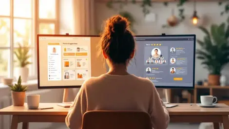 Online shopper ai suggestions and user review photos warm home scene