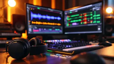 Studio mixing desk waveforms headphones mic warm lighting usa
