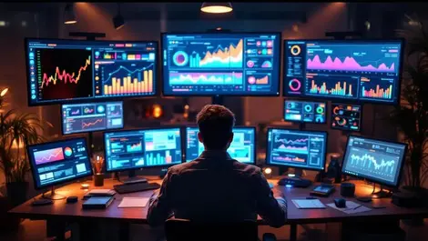 Digital marketing control room screens real time dashboards office