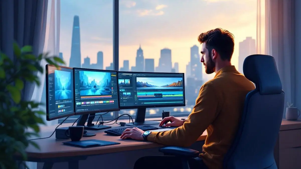 Modern media pro home desk 4k multi monitor remote streaming