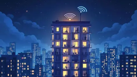 Night highrise apartments glowing balconies secure wifi coverage