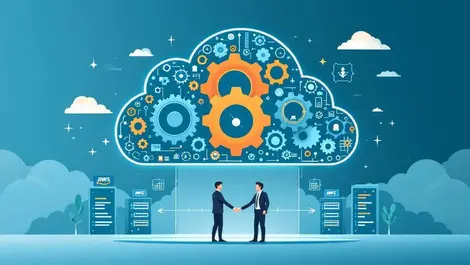 Cloud infrastructure gears with business people shaking hands