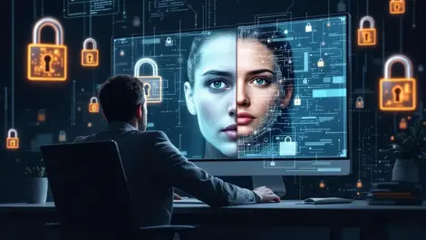 Moody businessperson faces split deepfake screen ai security threats