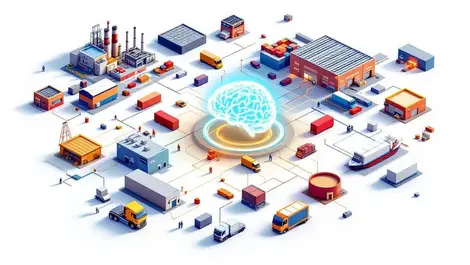 Global supply chain network ai brain hub isometric illustration