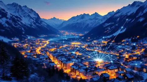 Liechtenstein dusk aerial town alpine internet cable network scene