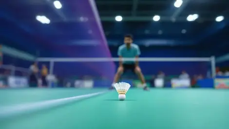 Indoor badminton match low angle umpire courtside camera tense moment